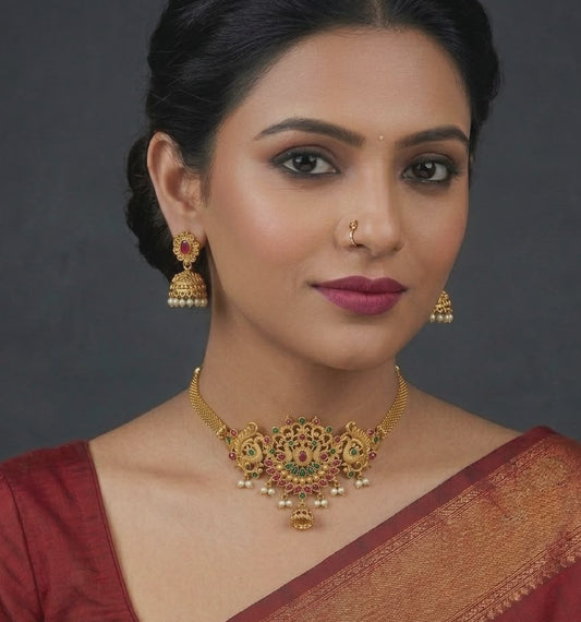 Stunning Antique Finish Gold Plated Brass Choker Necklace Set