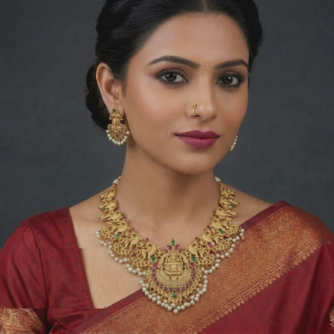 Gold Plated Temple Jewellery Necklace Set Featuring Goddess Lakshmi Motifs
