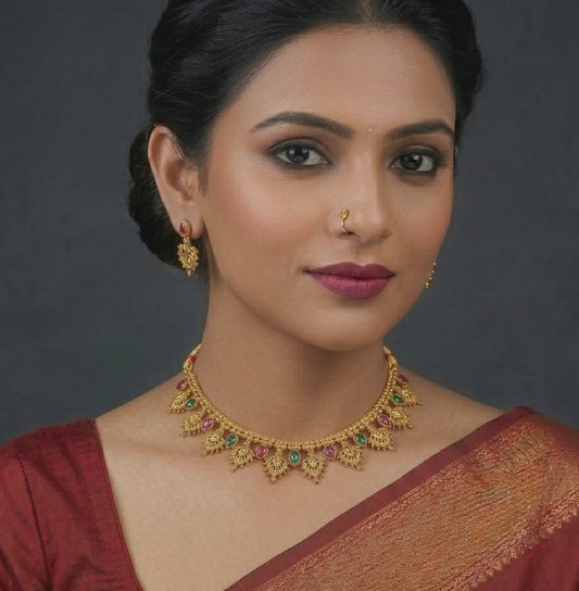 Gold Plated Necklace Set Adorned With Pink And Green Stones
