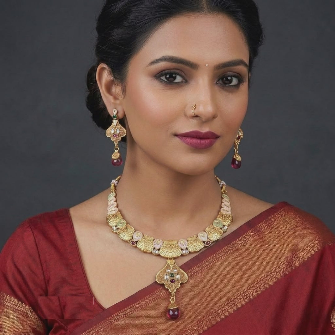 Gold Plated Featuring Er Necklace Set With Pearl Drops And Red Stone Accents