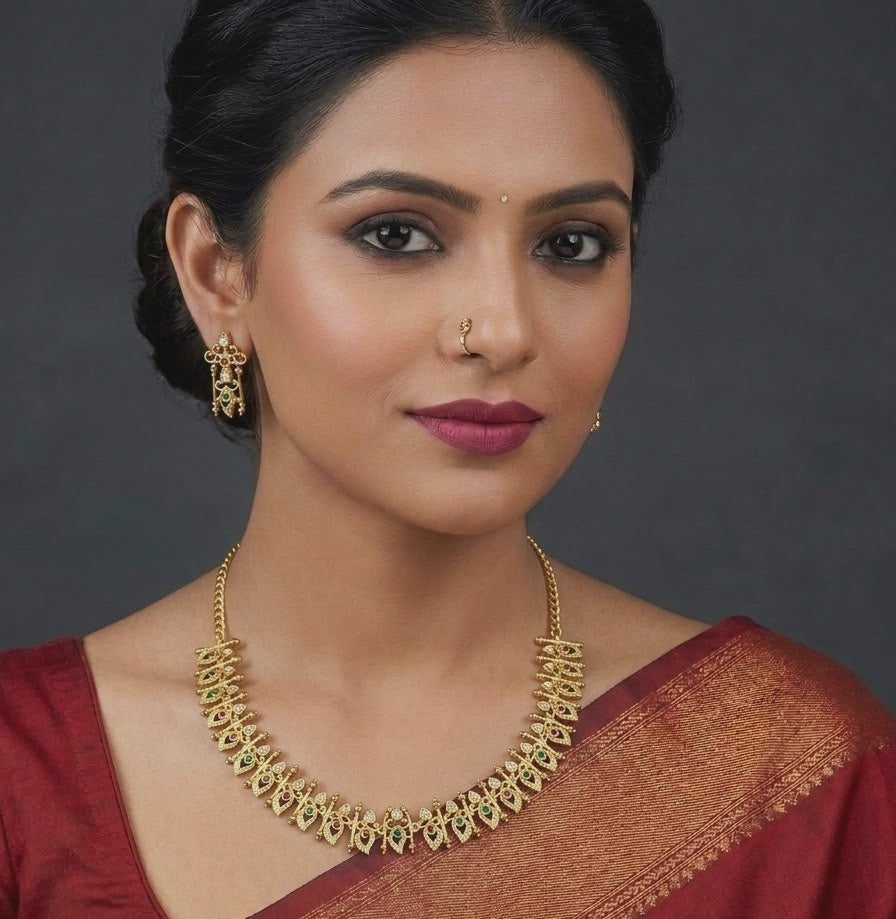 Gold Plated Necklace Set Featuring Traditional Nagapadam Or Palakka Featuring Elements