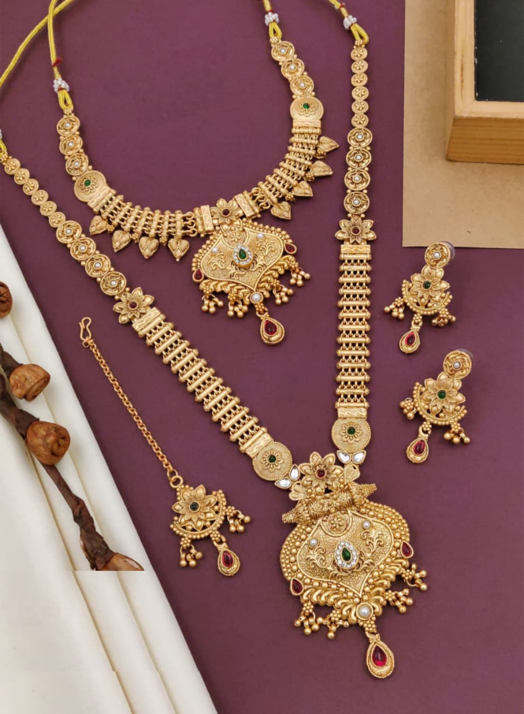 Indulge Rajwadi Matte Finish Gold Plated Combo Long Necklace Set