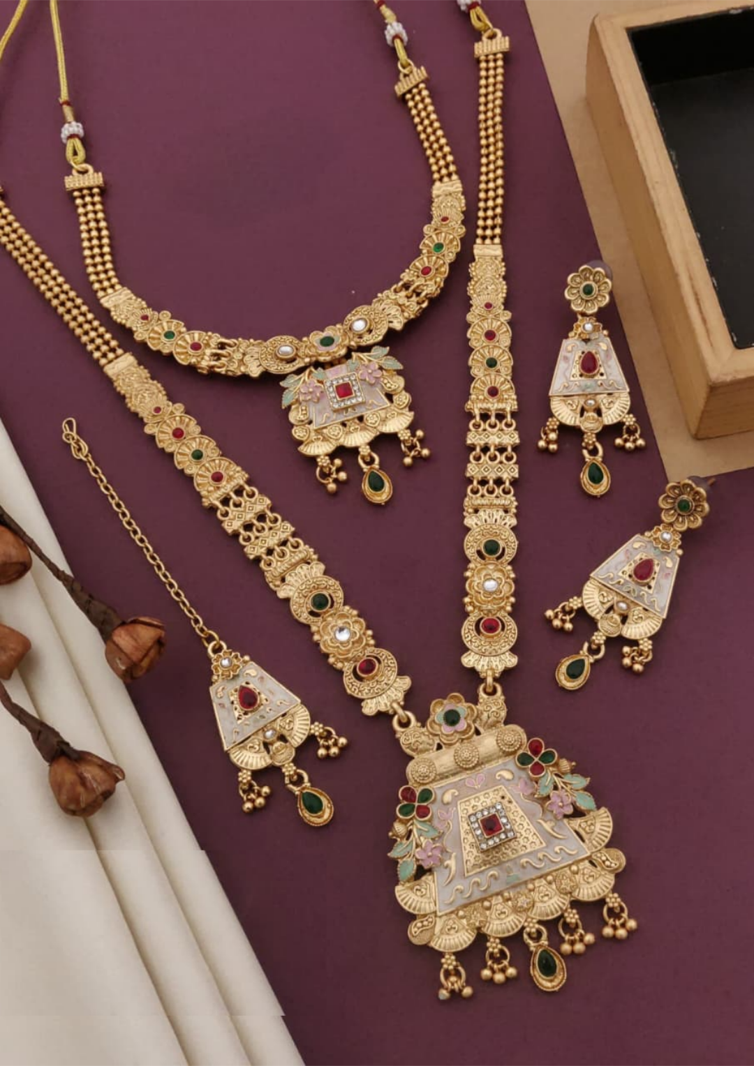 Exquisite Rajwadi Matte Finish Gold Plated Combo Long Necklace Set
