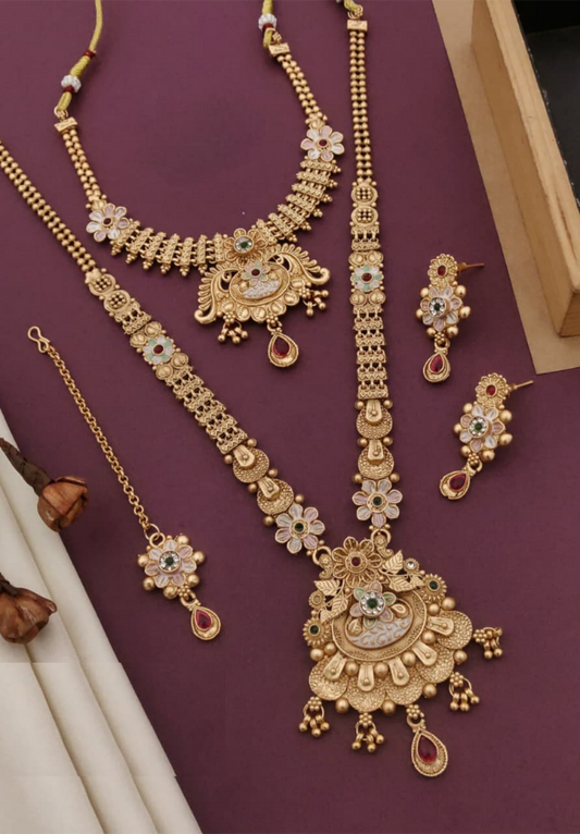 Timeless Rajwadi Matte Finish Gold Plated Combo Long Necklace Set