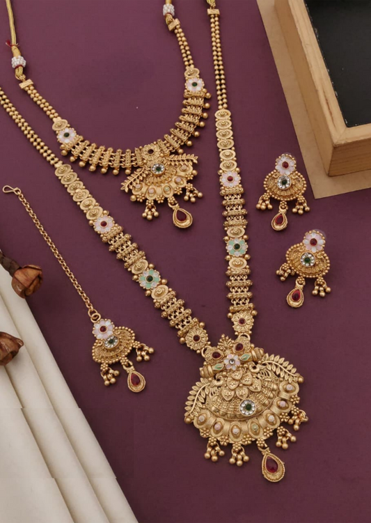 Antique Rajwadi Matte Finish Gold Plated Combo Long Necklace Set