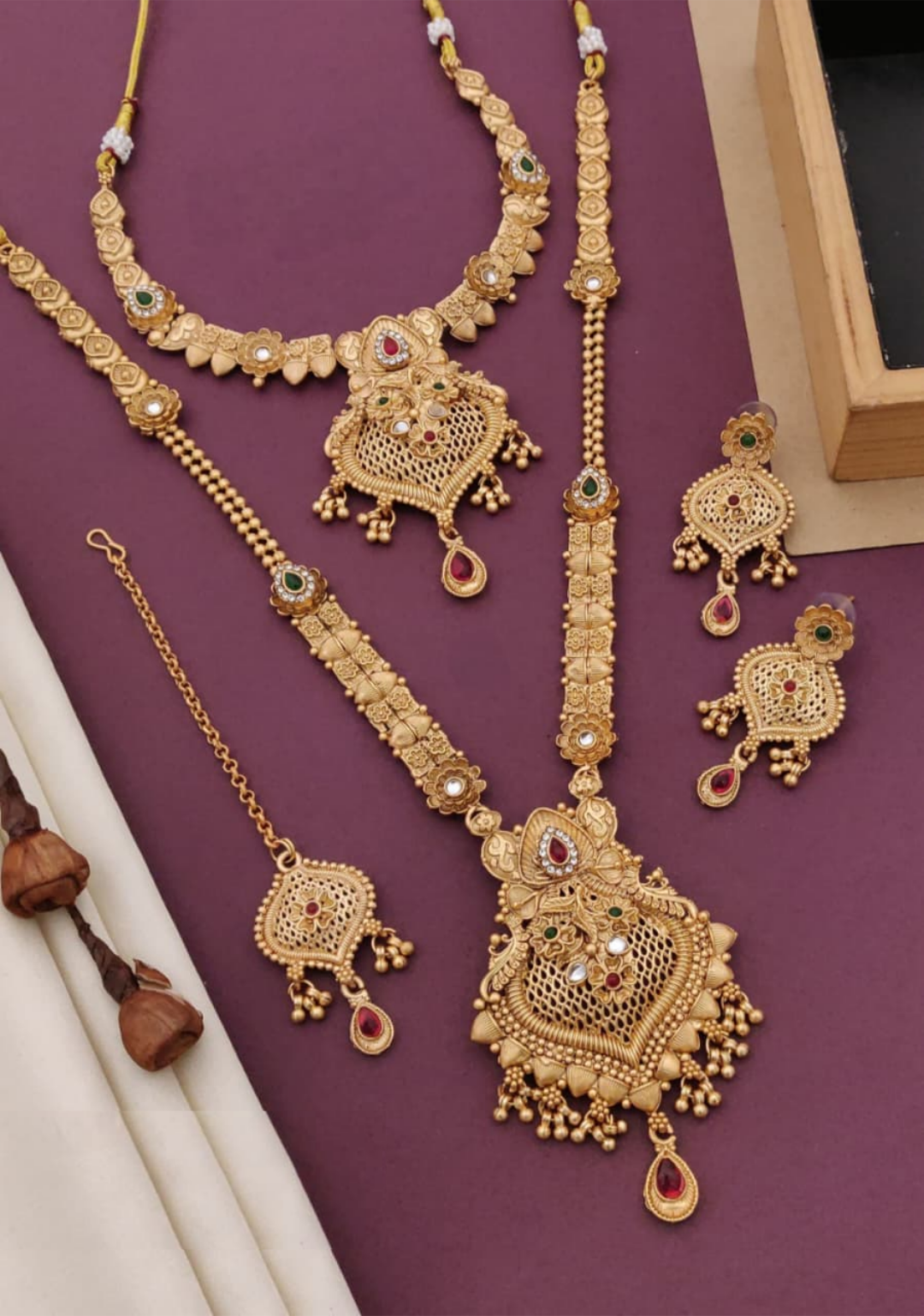 Ornaments Rajwadi Matte Finish Gold Plated Combo Long Necklace Set