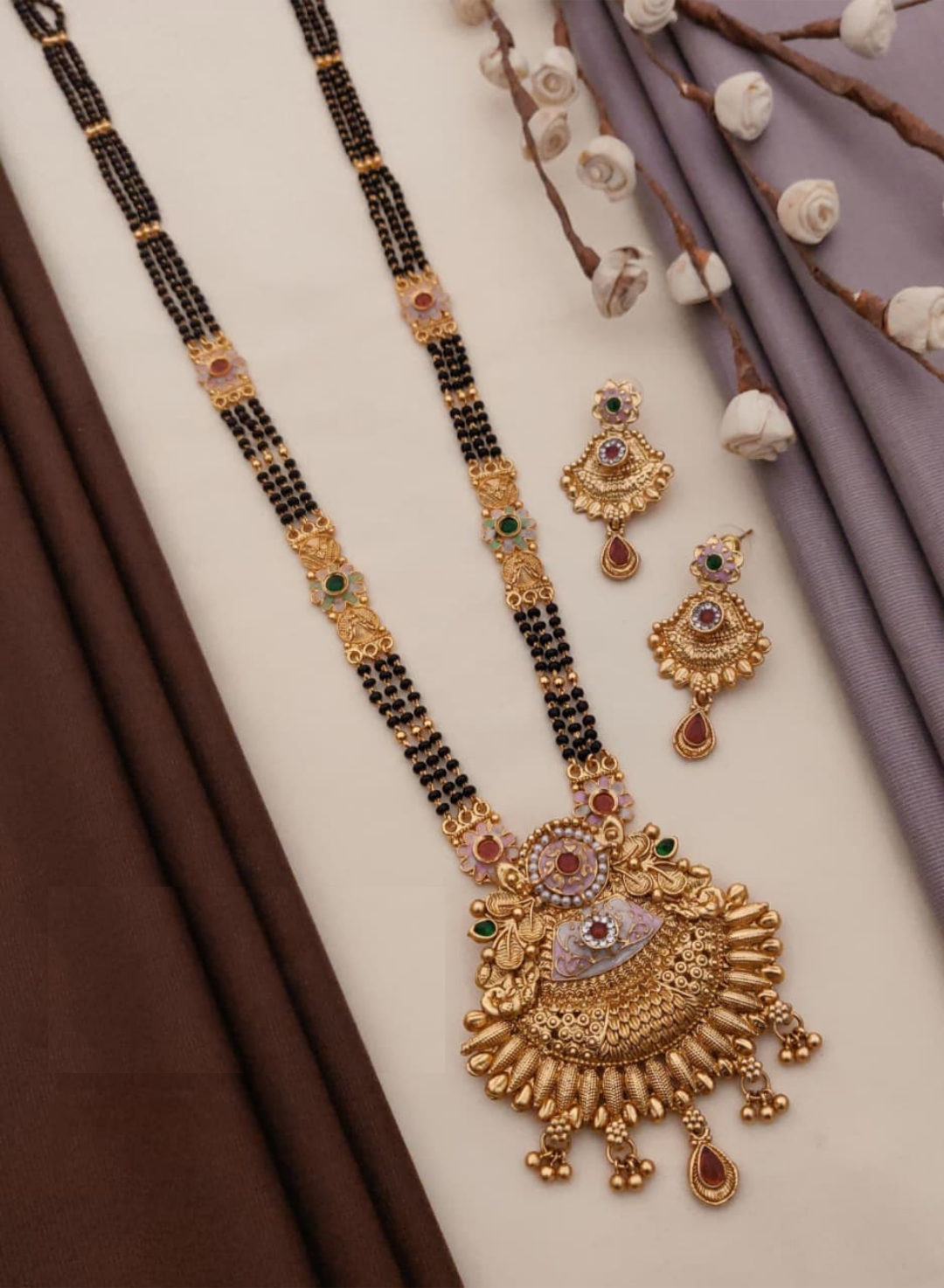 Traditional Rajwadi Mangalsutra Set Featuring Intricate Gold Plated Brass With Matching Earrings