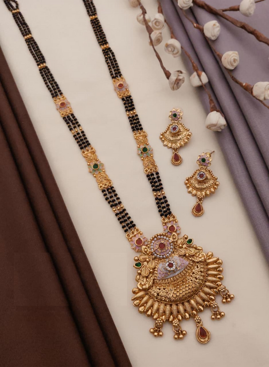Traditional Rajwadi Mangalsutra Set Featuring Intricate Gold Plated Brass With Matching Earrings