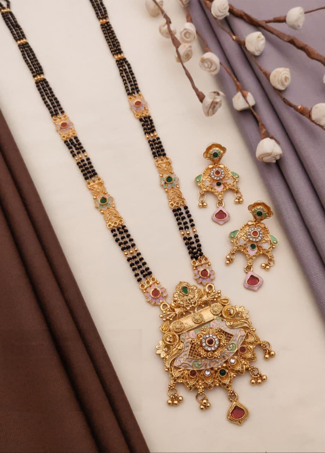 Fabulus Rajwadi Mangalsutra Set Featuring Intricate Gold Plated Brass With Matching Earrings
