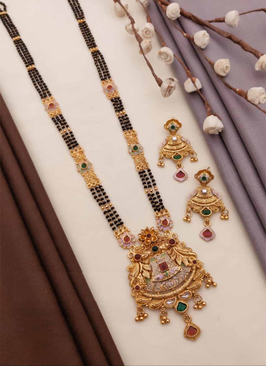 Nightshine Rajwadi Mangalsutra Set Featuring Intricate Gold Plated Brass With Matching Earrings