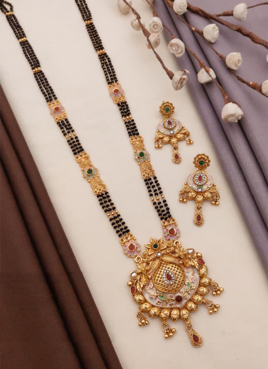 Ornaments Rajwadi Mangalsutra Set Featuring Intricate Gold Plated Brass With Matching Earrings