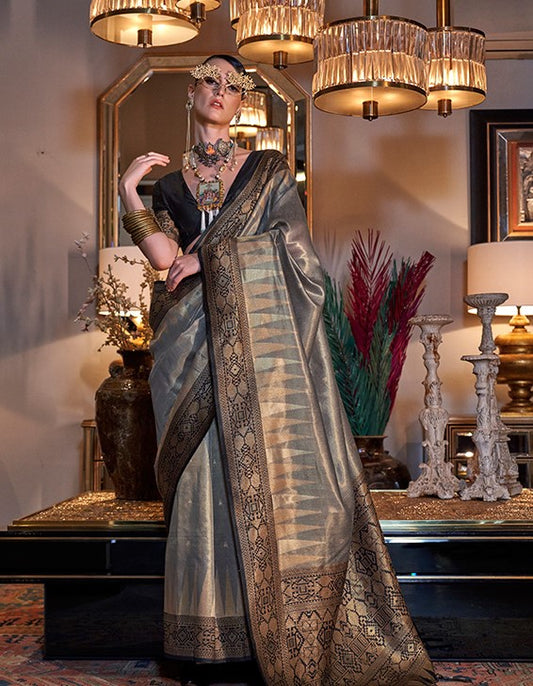 Beautiful Grey And Gold Handwoven Zari Tissue Silk Saree