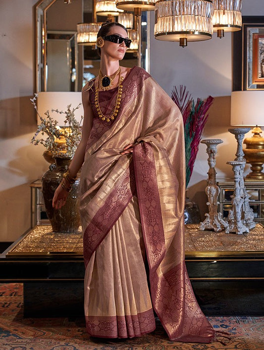 Classic Rust And Gold Handwoven Zari Tissue Silk Saree