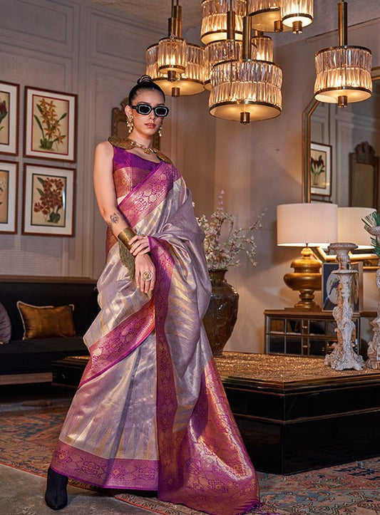 Grey And Purple Handwoven Zari Tissue Silk Saree