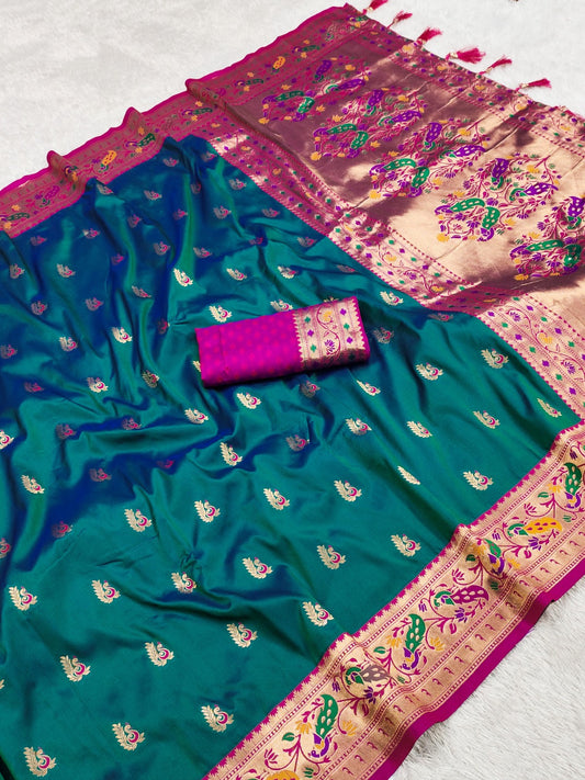 Women Teal Soft Silk Saree
