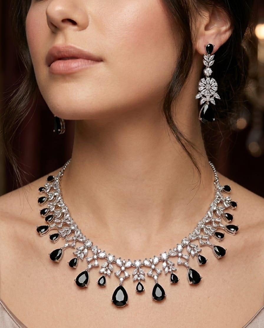 Stunning Black Crystal Necklace Earrings Set Featuring Silver Bridal Jewellery