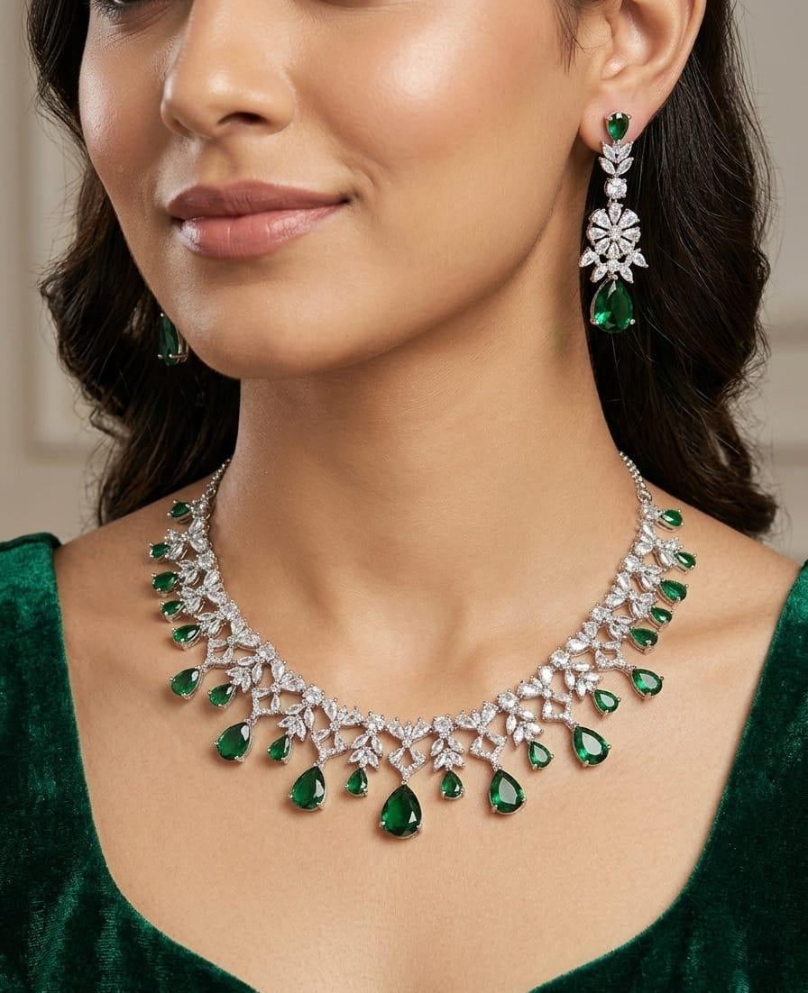 Stunning Green Crystal Necklace Earrings Set Featuring Silver Bridal Jewellery