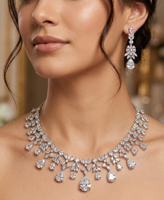 Stunning White Crystal Necklace Earrings Set Featuring Silver Bridal Jewellery