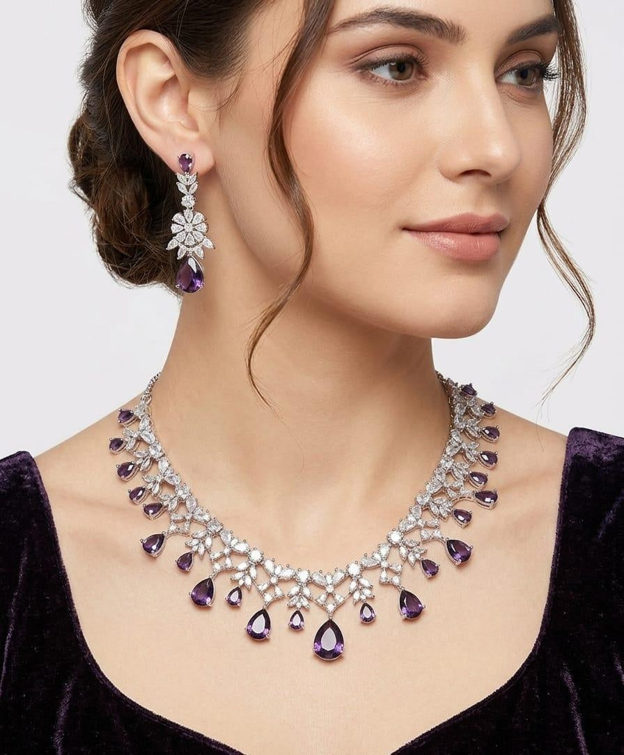 Stunning Purple Crystal Necklace Earrings Set Featuring Silver Bridal Jewellery