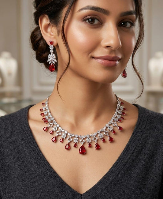 Stunning Maroon Crystal Necklace Earrings Set Featuring Silver Bridal Jewellery