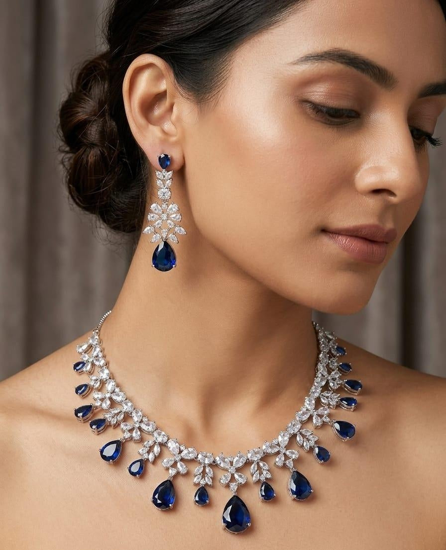 Stunning Blue Crystal Necklace Earrings Set Featuring Silver Bridal Jewellery