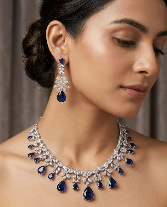 Stunning Blue Crystal Necklace Earrings Set Featuring Silver Bridal Jewellery