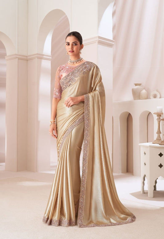 Opulent Beige Satin Chiffon Boutique Style Saree