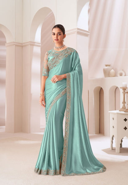 Trendy Sky Blue Satin Chiffon Boutique Style Saree