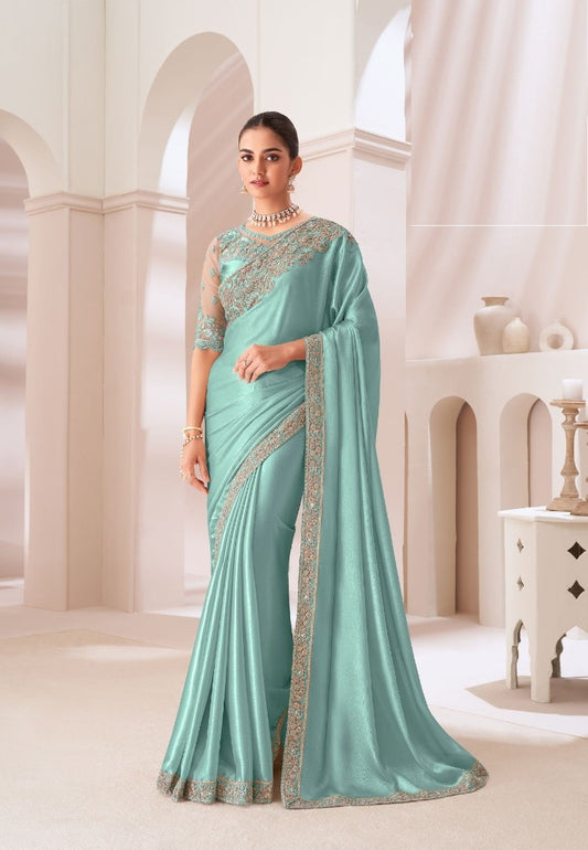 Trendy Sky Blue Satin Chiffon Boutique Style Saree