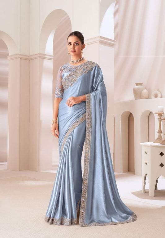 Flawless Blue Satin Chiffon Boutique Style Saree