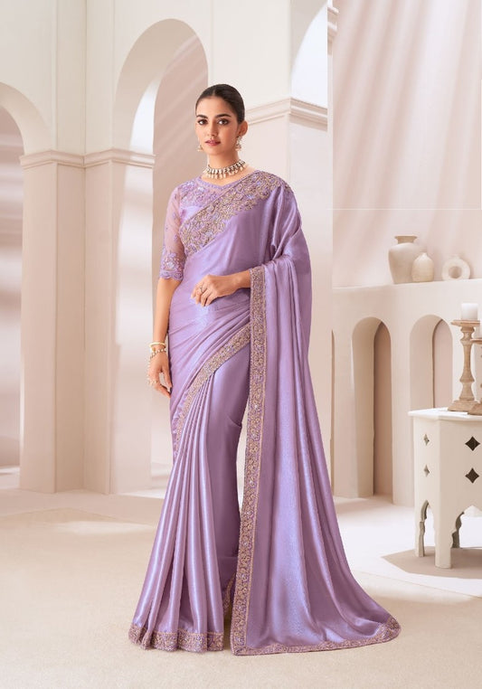 Glamorous Purple Satin Chiffon Boutique Style Saree