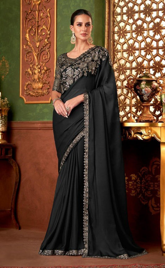 Beautiful Black Chiffon With Embroidery Work saree