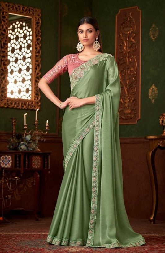 Sea Green And Light Pink Chiffon With Embroidery Work saree