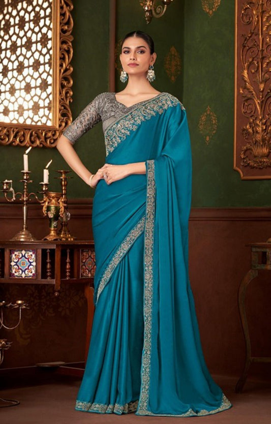 Women Teal And Grey Chiffon With Embroidery Work saree
