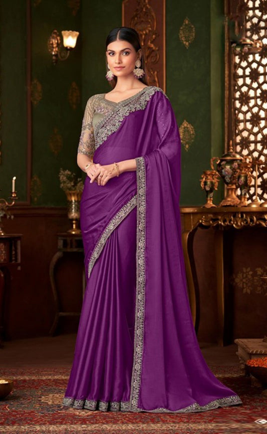 Purple And Grey Chiffon With Embroidery Work saree