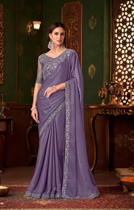Beautiful Violet Chiffon With Embroidery Work saree