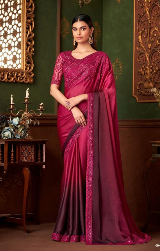 Dark Pink Chiffon With Embroidery Work saree