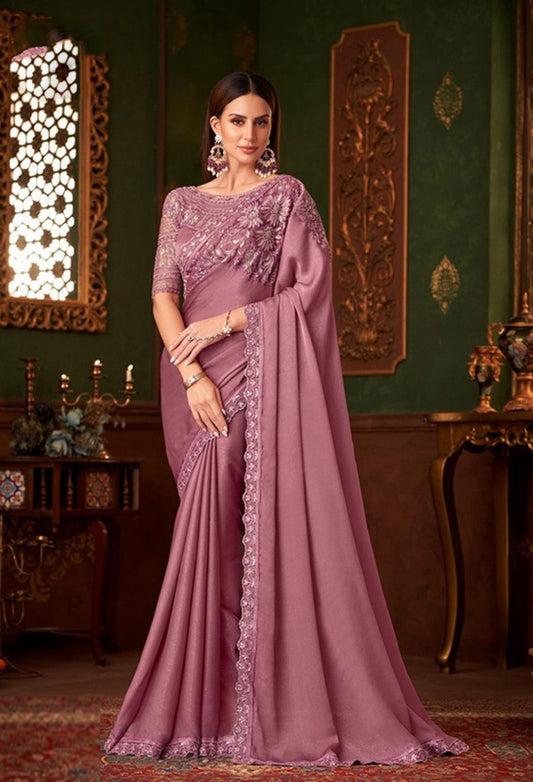 Rose Pink Chiffon With Embroidery Work saree