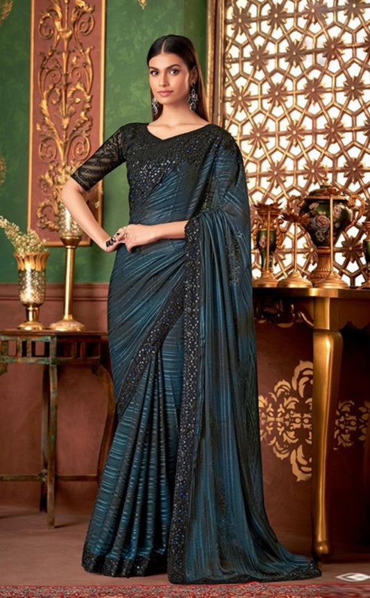 Embroidery Black And Teal Chiffon saree