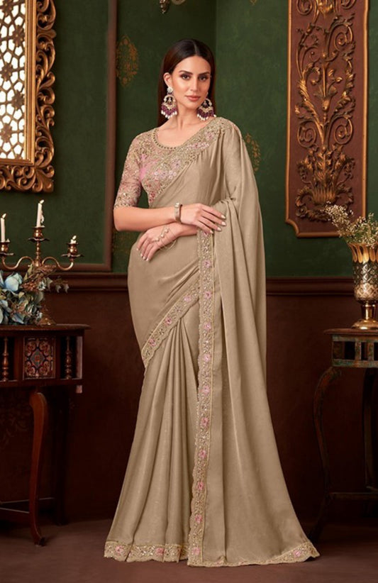 Beige Chiffon With Embroidery Work saree