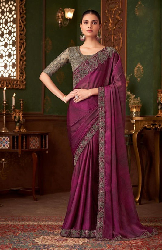 Fashionable Burgundy Chiffon With Embroidery Work saree