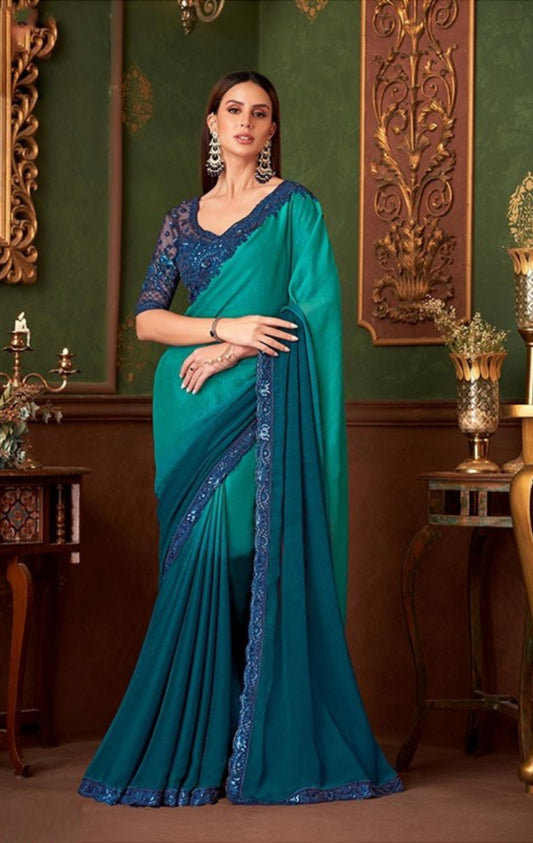 Beautiful Teal Chiffon With Embroidery Work saree