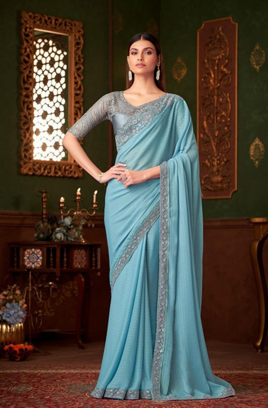 Sky Blue Chiffon With Embroidery Work saree