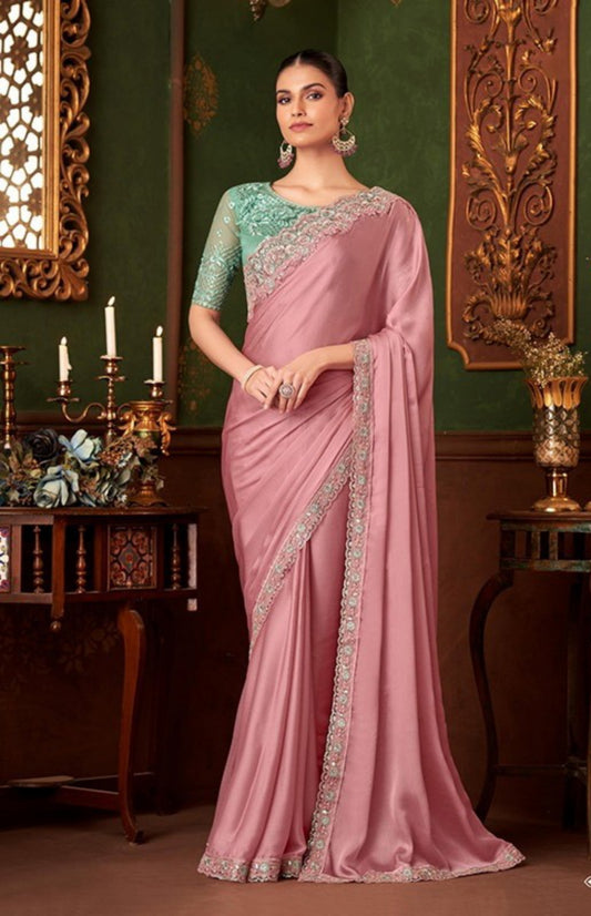 Designer Pink And Sea Green Chiffon With Embroidery Work saree