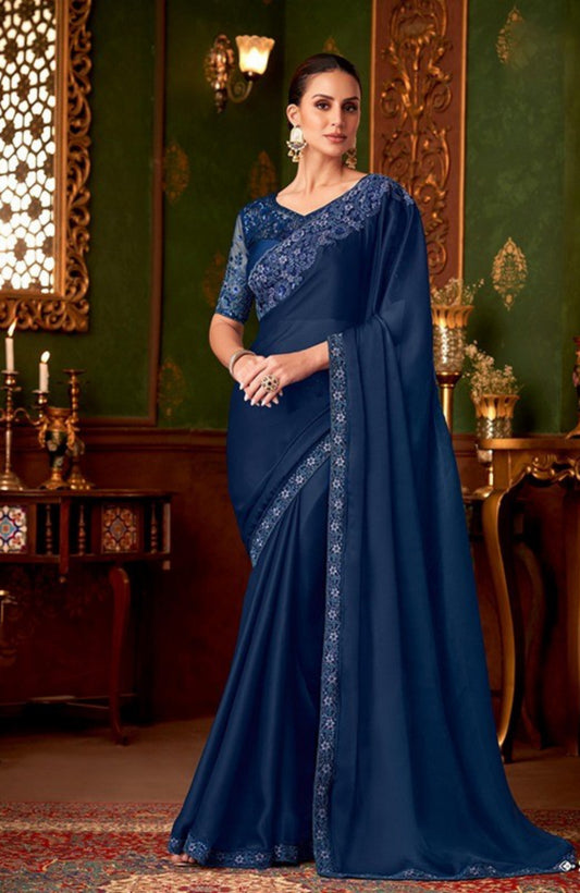 Royal Blue Chiffon With Embroidery Work saree