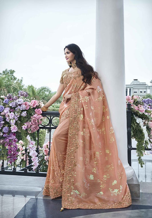Peach Soft Fancy Saree With Beautiful Zari Embroidery Work