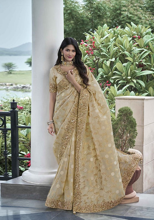 Designer Light Yellow Saree With Beautiful Embroidery Work