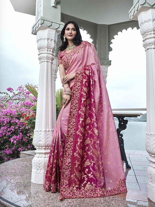 Rose Pink Soft Fancy Saree With Beautiful Zari Embroidery Work