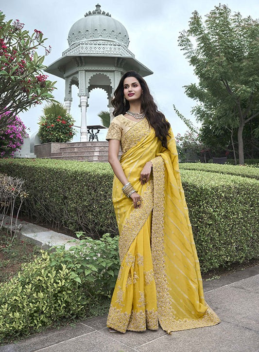 Yellow Saree With Zari Embroidery Work