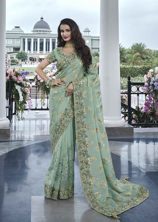 Beautiful Zari Embroidery Sea Green Fancy Saree